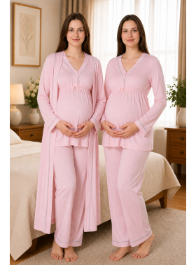 Effortt 4054 Pudra Biye Detaylı Sabahlıklı Lohusa Pijama Takımı